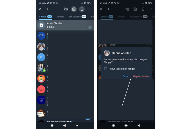Ilustrasi cara hapus chat Telegram