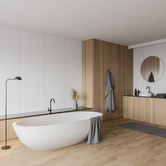 Ilustrasi kamar mandi, Ilustrasi lantai kayu di kamar mandi. 