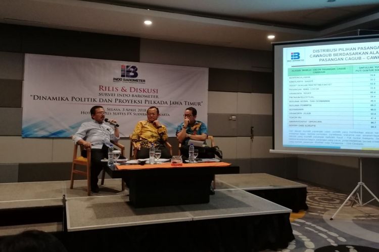 Ketua Bappilu PDIP Bambang DH (kiri), Wasekjen DPP Golkar M Sarmuji dan Direktur Eksekutif Indo Barometer M Qodari (paling kanan) di Harris Friendly Room, FX Sudirman, Jakarta, Selasa (3/4/2018).  