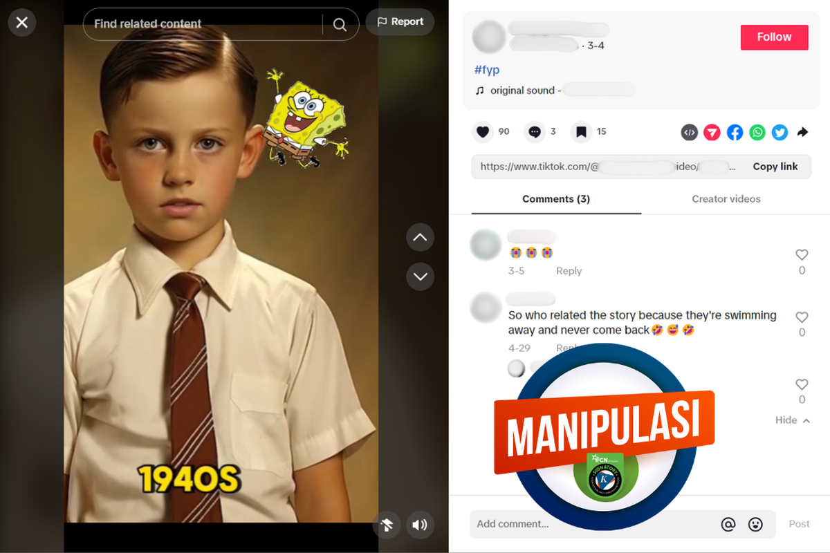 Tangkapan layar konten manipulasi di sebuah akun TikTok, 4 Maret 2024, mengenai inspirasi kisah SpongeBob SquarePants dari kasus penyiksaan anak.