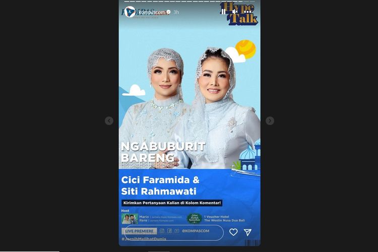 Penyanyi dangdut Cici Faramida dan Siti Rahmawati menjadi bintang tamu Hype Talk Kompas.com pada Jumat (14/4/2023) pukul 14.30 WIB, disiarkan langsung di akun Instagram, YouTube, dan Facebook Kompas.com.
