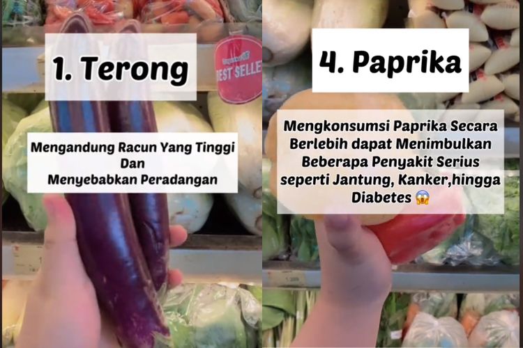 Tangkapan layar video yang menyebut terong, selada, paprika, lobak, seledri, dan jagung dilarang dikonsumsi setiap hari.