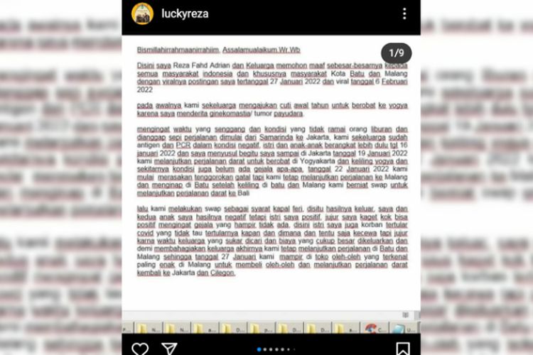 Tangkapan layar akun Instagram @luckyreza yang menampilkan pengakuan wisatawan mengaku Covid-19 dan berkeluyuran di Malang