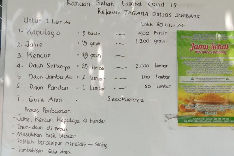 Komposisi bahan pembuatan jamu Dapur Umum Jamu Sehat di Rumah Pelayanan Sosial (RPS) Dinas Sosial Kabupaten Jombang, Jawa Timur.