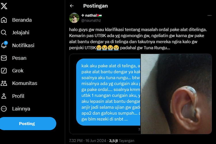 Tangkap layar cuitan peserta SNBT 2024 yang tunarungu tapi diminta melepas alat bantu dengar saat tes [Twitter/@naunathz].