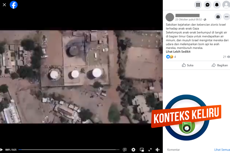Tangkapan layar unggahan dengan konteks keliru di sebuah akun Facebook, 23 Oktober 2023, soal pengeboman tangki air oleh Israel.