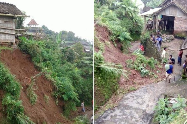 Lokasi longsor di RT 3 RW 1 Dusun Indrokilo, Desa Lerep, Ungaran Barat, Senin (23/1/2017) menyebabkan lima rumah terancam roboh (kiri) dan jalan poros desa menyempit karena bahu badan ambles (kanan).