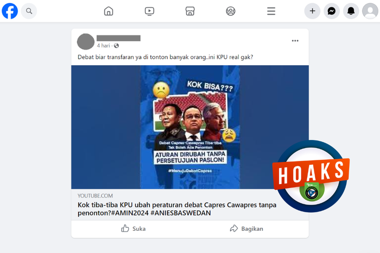 Tangkapan layar konten hoaks di sebuah akun Facebook, Minggu (31/12/2023), soal KPU mengubah format debat capres-cawapres menjadi tanpa penonton.