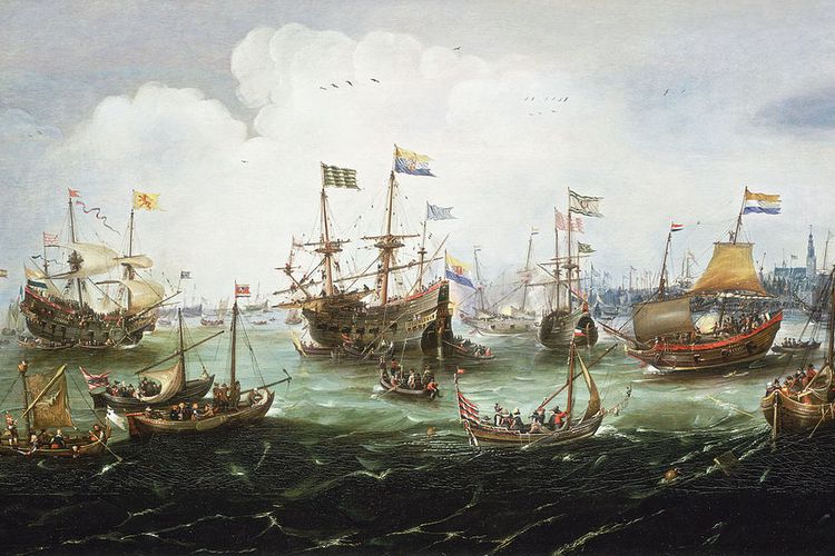 Lukisan yang menggambarkan kapal-kapal Belanda ?Overijssel?, ?Vriesland?, ?Mauritius? dan ?Hollandia? kembali ke Amsterdam dari ekspedisi kedua mereka di East Indies (Indonesia) pada 1599. Lukisan dibuat oleh Andries van Eertvelt berdasarkan lukisan gurunya, Hendrick Cornelisz Vroom (1566-1640) yang diabadikan di Rijksmuseum, Amsterdam.