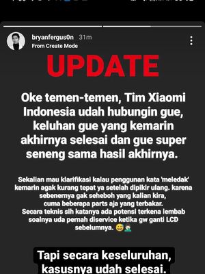 Instagram @bryanfergus0n mengklarifikasi soal pernyataan Mi 11 Ultra meledak yang ia lontarkan sebelumnya. Nyatanya, tidak ada ledakan ponsel, melainkan beberapa parts yang terbakar.