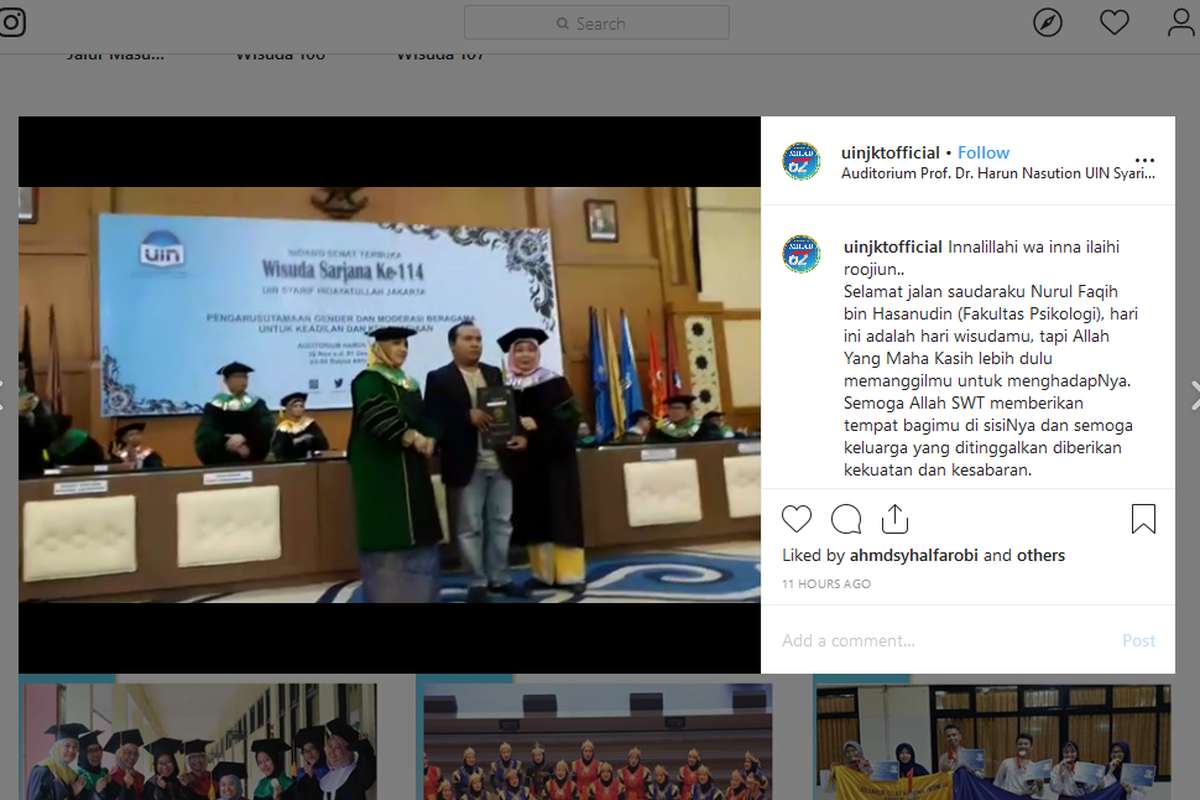 Mahasiswa UIN tewas dalam kecelakaan saat hendak menghadiri acara wisudanya. Sang kakak mewakilinya dalam acara wisuda itu. 