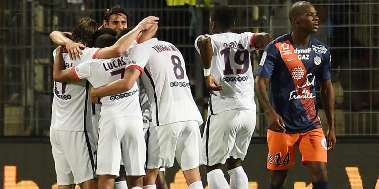 Para pemain Paris Saint-Germain saat merayakan gol Blaise Matuidi ke gawang Montpellier pada lanjutan Ligue 1 di Montpellier, Jumat atau Sabtu (22/8/2015) dini hari WIB. PSG menang 1-0 pada pertandingan tersebut. 