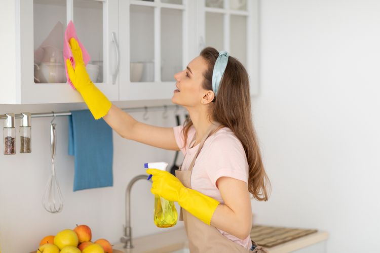 Ilustrasi membersihkan kitchen set, membersihkan lemari dapur.