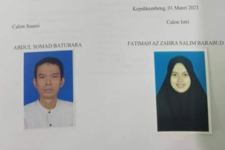 Tangkapan layar dari dokumen persetujuan calon pengantin yang tertera nama Abdul Somad Batubara dan Fatimah Azzahra Salim Barabud. Dokumen itu beredar luas melalui aplikasi perpesanan WhatsApp.