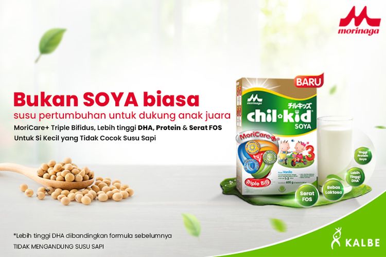 Morinaga Chil Kid Soya hadir dengan MoriCare+ Triple Bifidus, tinggi protein soya, serta serat pangan FOS.