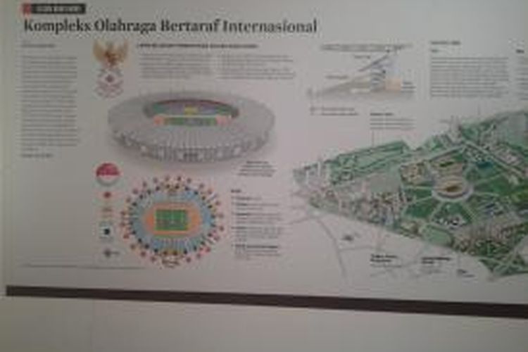 Salah satu infograik mengenai Stadion Gelora Bung Karno dalam pameran infografik di Balai Bentara Budaya, Palmerah Selatan, Jakarta, Selasa (19/8/2014)