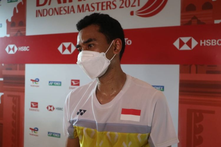 Tommy Sugiarto usai melawan Kento Momota di babak 32 besar Indonesia Masters 2021 di Bali International Convention Centre, Selasa (16/11/2021) siang WITA. 