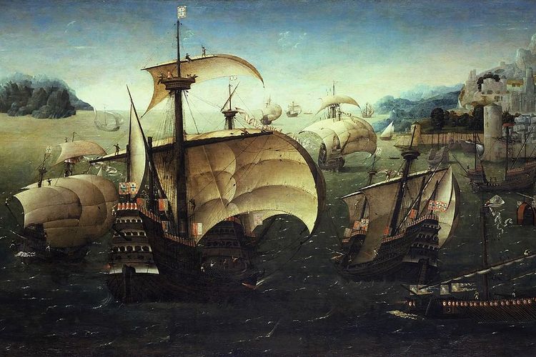 Ilustrasi kapal armada Portugis dalam penjelajahan Dunia Baru oleh Eropa yang membuka jalan globalisasi terjadi dalam skala besar.