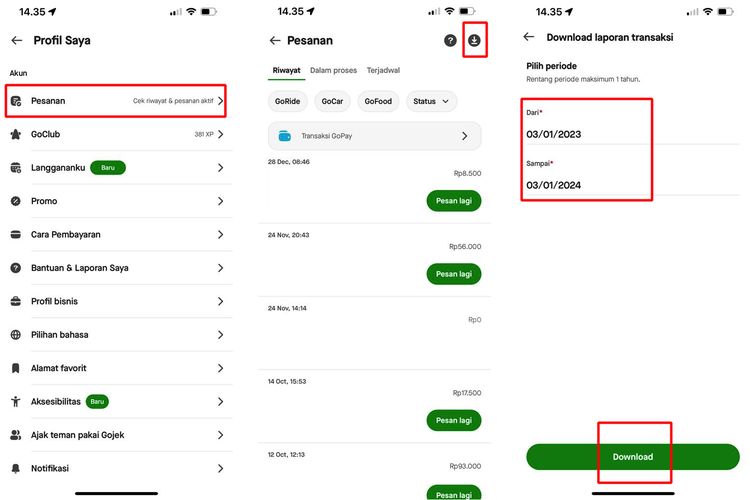 Ilustrasi cara melihat Gojek Wrapped buat cek riwayat transaksi setahun di aplikasi Gojek.