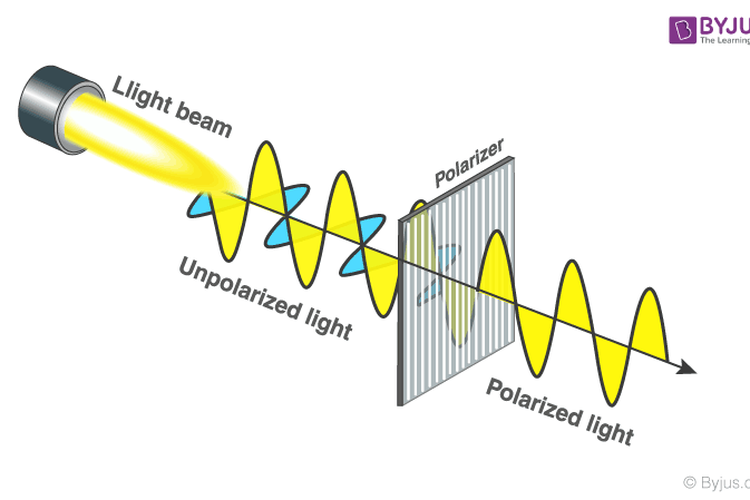 Ilustrasi peristiwa polarisasi cahaya yang melewati sebuah filter (polarizer).