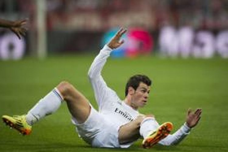 Penyerang Real Madrid, Gareth Bale, pada leg kedua semifinal liga Champions melawan Bayern Muenchen, di Allianz Arena, Selasa (29/4/2014).