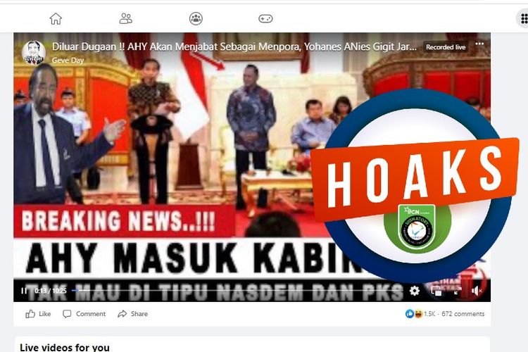 Tangkapan layar Facebook narasi yang menyebut bahwa AHY masuk ke Kabinet Indonesia Maju untuk menjadi Menpora