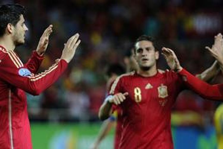 Alvaro Morata cetak gol pertama bagi timnas Spanyol saat menang atas Ukraina. 