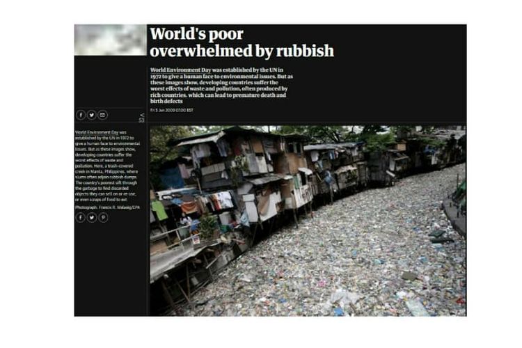Tangkapan layar foto sungai ditutupi sampah di Manila, Filipina. Foto tersebut diambil Francis R. Malasig, fotografer EPA.