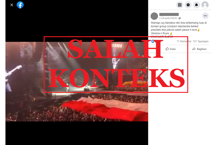 Tangkapan layar unggahan di sebuah akun Facebook, 2 Juli 2022, soal video diklaim sebagai bendera Indonesia di konser Scorpio yang sebenarnya merupakan bendera Polandia.