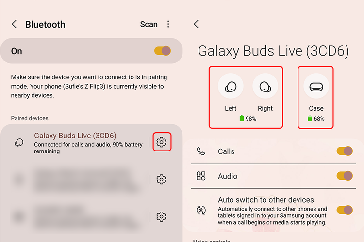 Cara mengecek persentase baterai Galaxy Buds di pengaturan Bluetooth