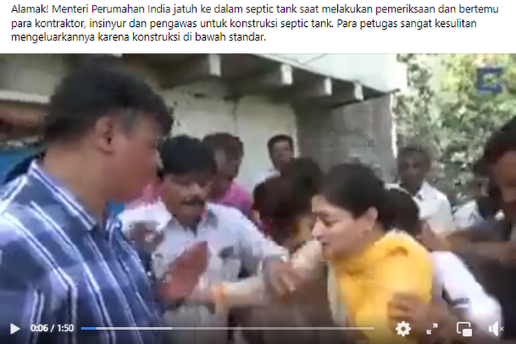 Tangkapan layar video viral bernarasi Menteri Perumahan India jatuh ke dalam septic tank.