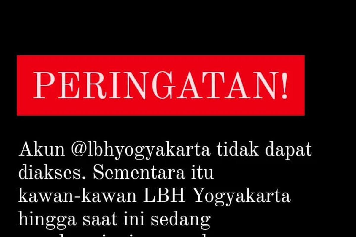 Tangkapan layar twit LBH Yogyakarta yang  menyebutkan akun Instagram @lbhyogyakarta tidak dapat diakses.