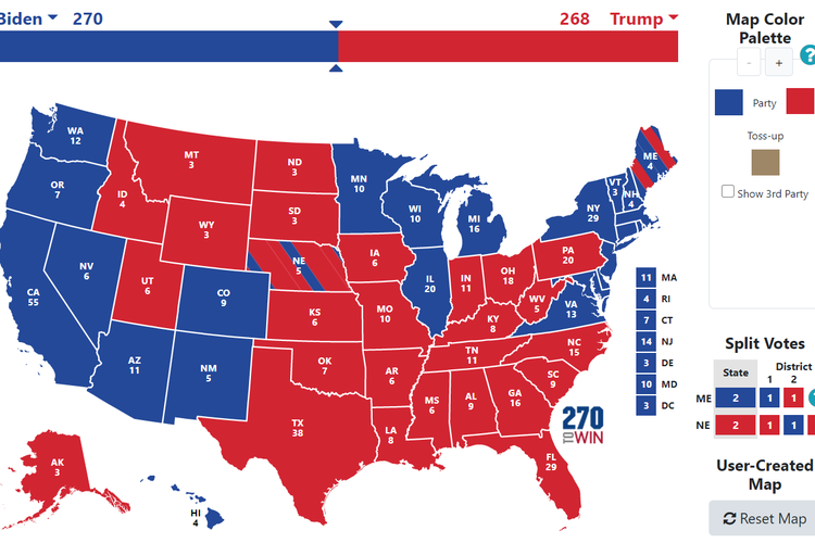 Peta Electoral College Pilpres AS 2020 yang menunjukan skenario kemenangan Joe Biden yang akan memberikannya tepat 270 electoral votes untuk meraih kemenangan