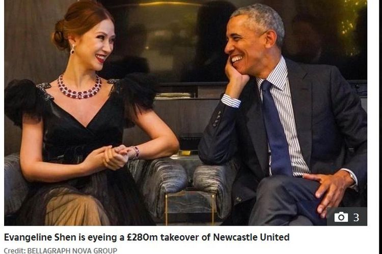 Pengusaha wanita asal Kanada, Evangeline Shen, yang menjadi kepala Bellagraph Nova Group (BNG), bersama mantan presiden Amerika Serikat, Barack Obama. Evangeline Shen bersama dua rekannya berencana mengakuisisi Newcastle United. 