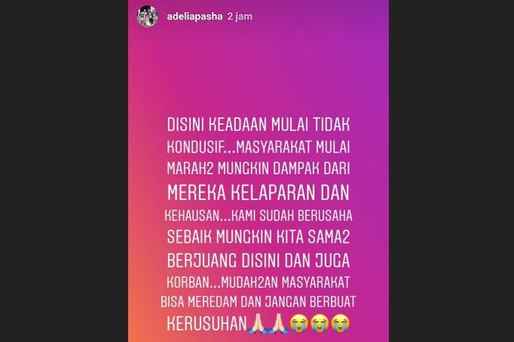 Kilas cerita Adelia Pasha di Instagram, Selasa (2/10/2018) tentang keadaan pengungsi di Palu.