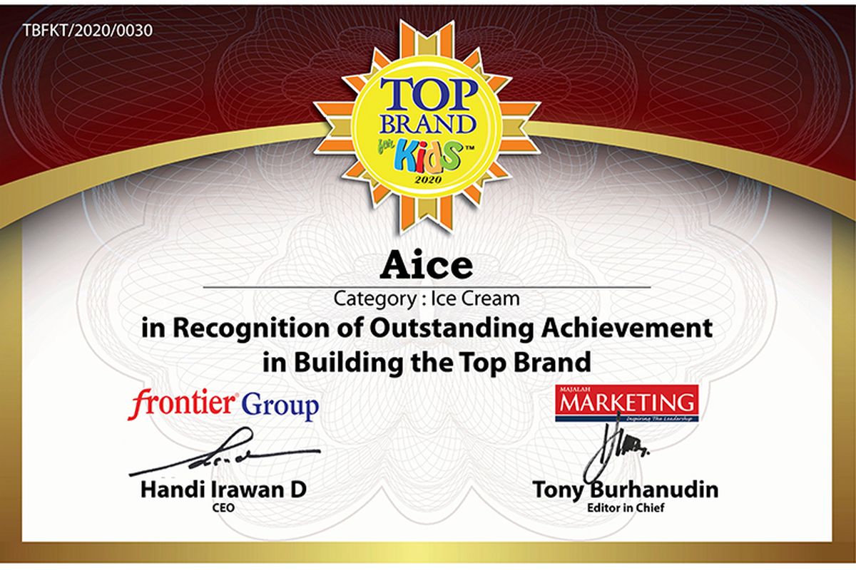 Penghargaan Top Brand Kids 2020 yang diterima oleh Aice