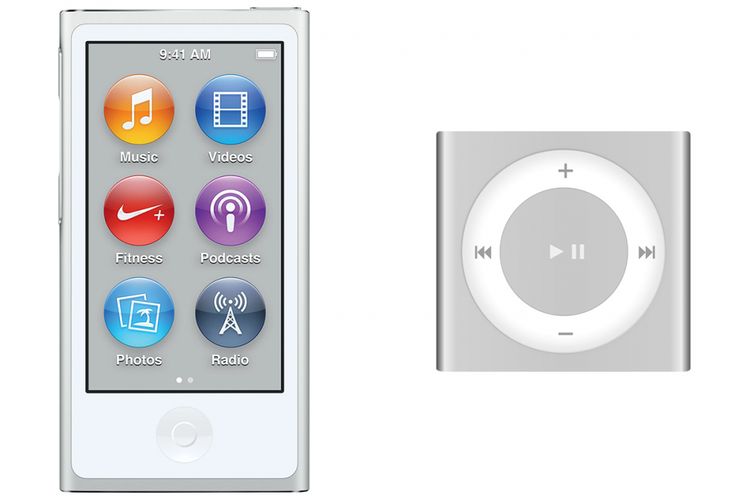 iPod Nano generasi ke-7 (kiri) dan iPod Shuffle generasi ke-4.