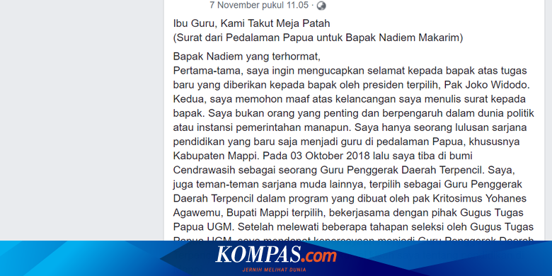 Surat Untuk Mendikbud Nadiem Dari Guru Di Pedalaman Mappi