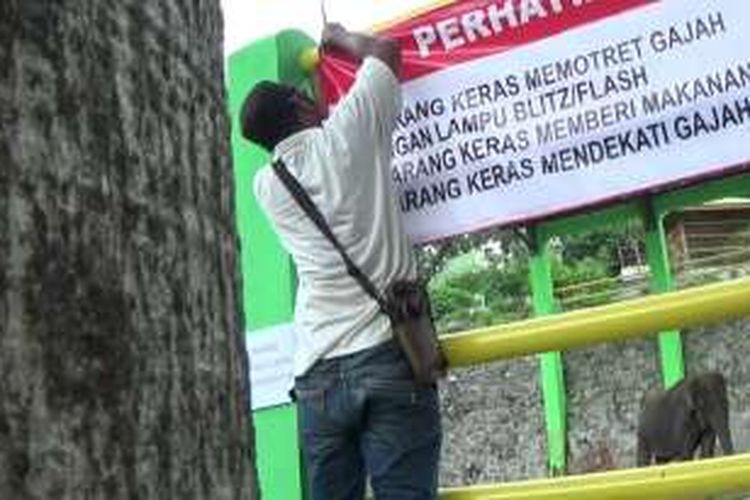 Petugas memasang poster peringatan bagi pengunjung di kandang gajah di Waduk GajahMungkur, Wonogiri, Jumat (13/5/2016).