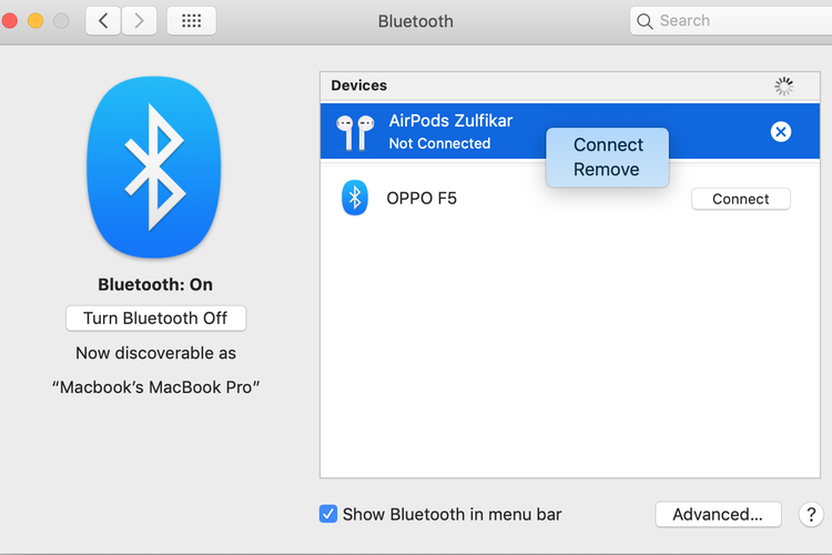 Ilustrasi cara menghapus koneksi AirPods yang telah tertaut di Macbook. 