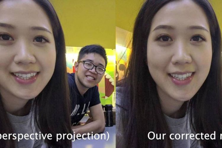 Salah satu contoh koreksi distorsi pada foto wajah tangkapan lensa kamera ultra wide dengan software Google.