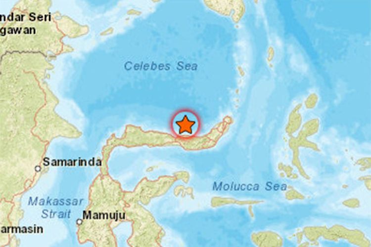 Lokasi gempa bumi bermagnitudo 5,4 yang mengguncang Gorontalo. Gempa ini memiliki mekanisme pergerakan naik (thrust fault) akibat subduksi lempeng Laut Sulawesi.