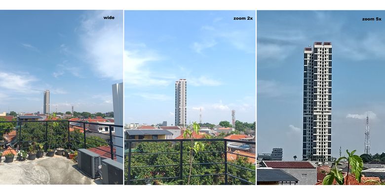 Perbandingan hasil kamera wide (kiri), 2x zoom (tengah), dan 5x zoom (kanan).