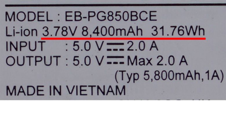 Contoh label keterangan di power bank lain. Satuan kapasitas, voltase, dan rating energi ditandai garis bawah berwarna merah.