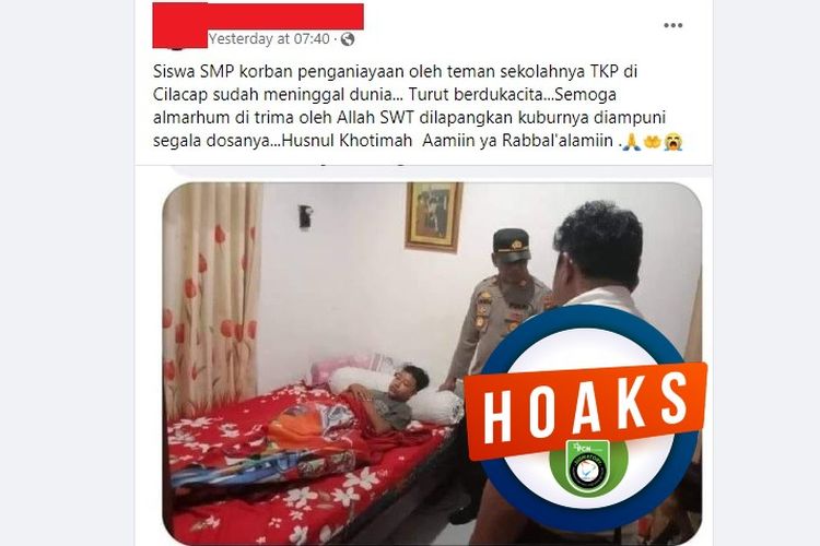 Tangkapan layar Facebook narasi yang mengeklaim siswa SMP di Cilacap yang menjadi korban perundungan meninggal dunia