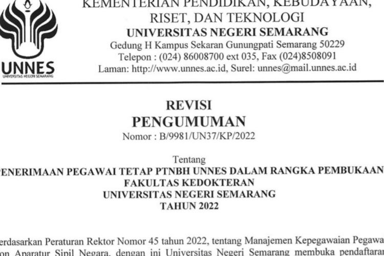 Unnes membuka lowongan kerja dosen tetap dan laboran Fakultas Kedokteran. 