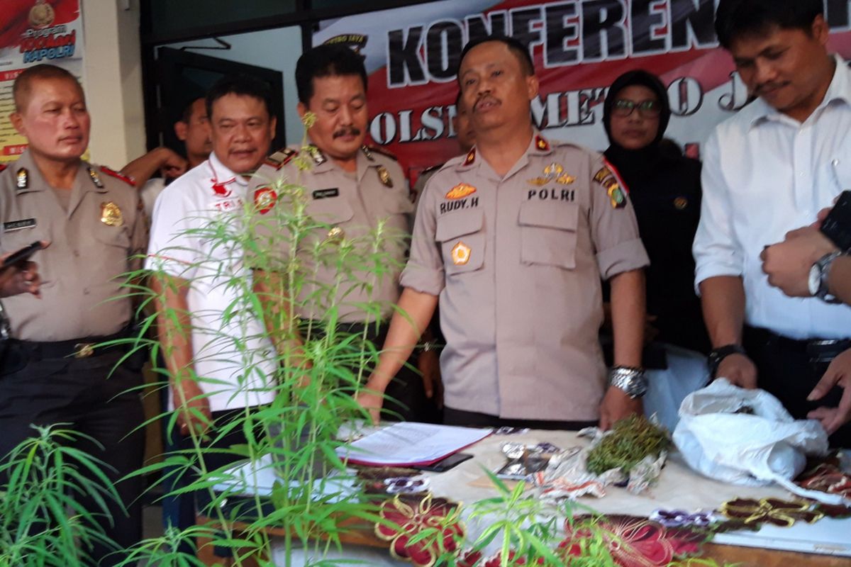 Kapolsek Jatinegara Kompol Rudi saat konferensi pers penangkapan pelaku dan barang bukti 16 pot tanaman ganja, Senin (4/3/2019)