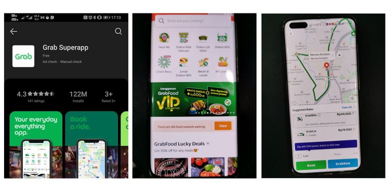 Tampilan aplikasi  Grab yang dipasang dari toko aplikasi AppGallery di ponsel Huawei P40 Pro.