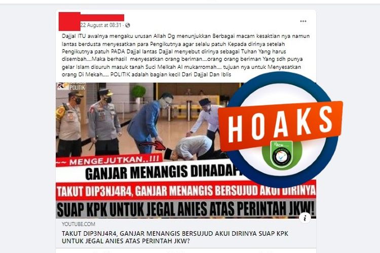 Tangkapan layar Facebook narasi yang menyebut Ganjar mengaku menyuap KPK untuk jegal Anies Baswedan