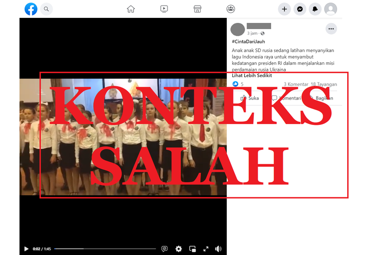 Tangkapan layar unggahan dengan konteks keliru di sebuah akun Facebook, Jumat (1/7/2022), soal video paduan suara siswa Rusia untuk menyambut Jokowi.